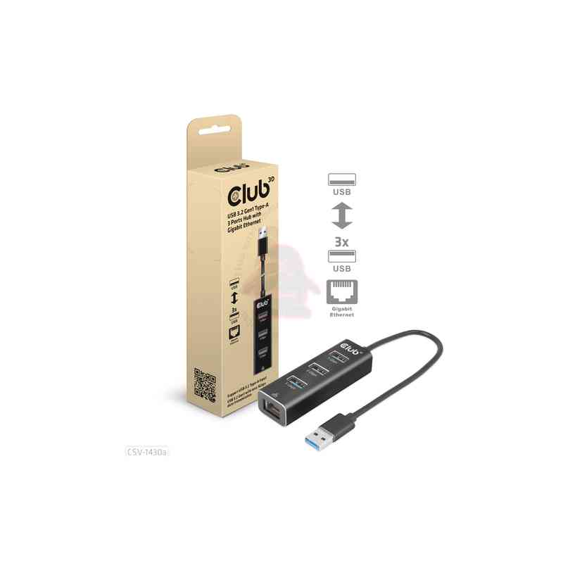 CLUB3D USB 3.2 Gen1 Type-A, 3 Ports Hub with Gigabit Ethernet